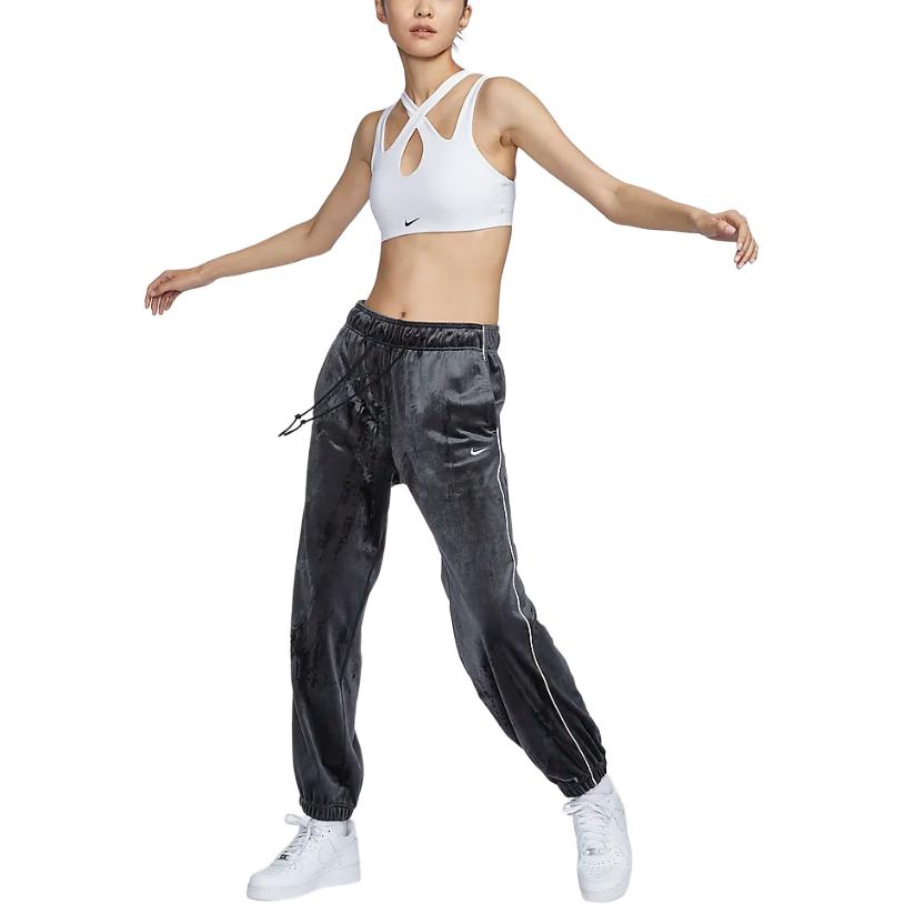 Nike Sportswear Collection Mid-Rise Velvet Stretch Casual Pants Women Bottoms Black Sail-White FZ3683-010