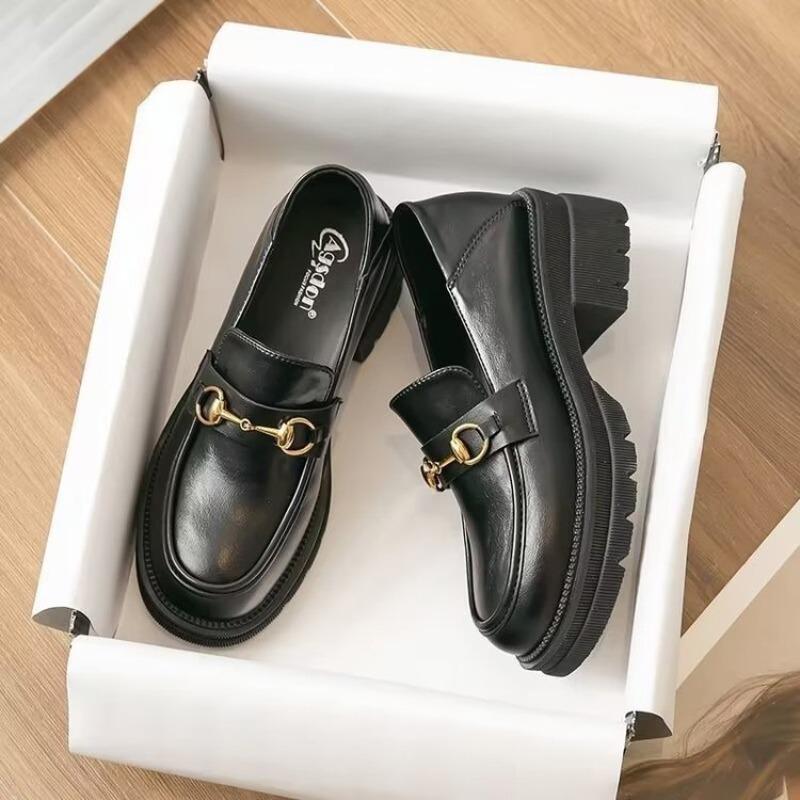 Women'S British Style Slip-On Loafer Shoes Fall Platform Metal Buckle Comfort Casual Vintage Office Daily Walking Sneakers