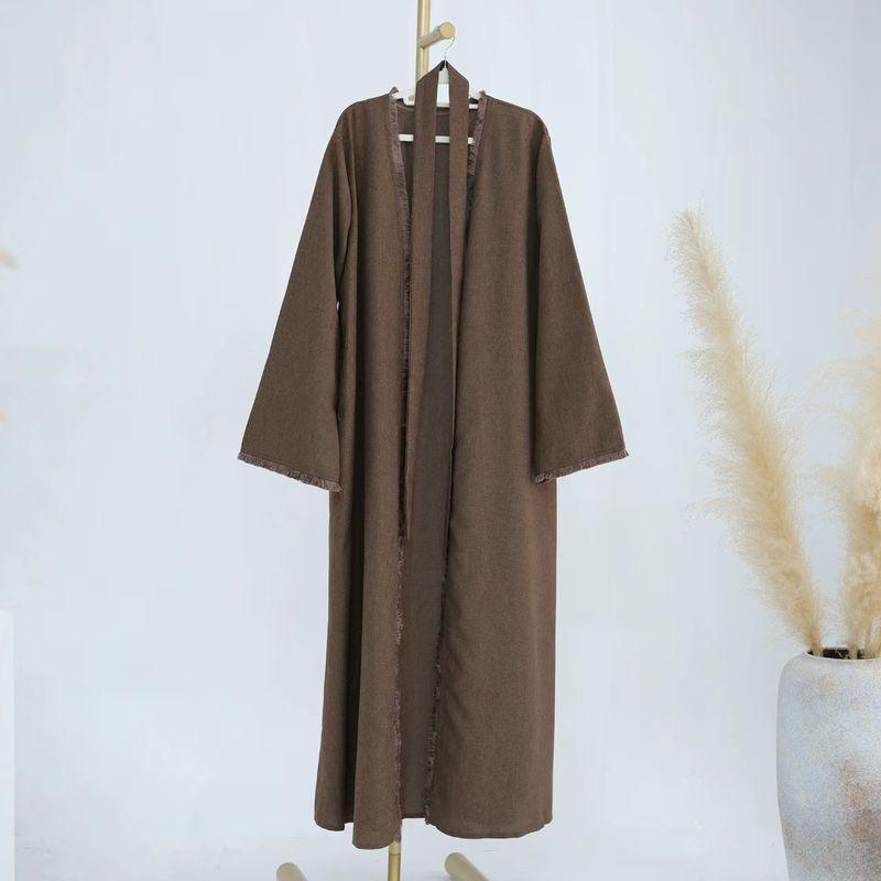 

New Arrival Middle East Fimbrilla Cardigan Robe Dress Open Collar Lace up Robe Dress Dark Coffee L