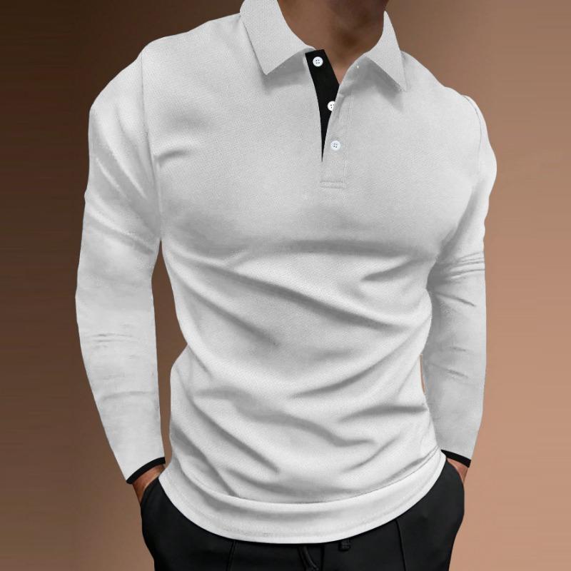 Men's Autumn Sports Fitness Leisure Stand Up Collar Elastic Vertical Stripe Long Sleeved POLO Shirts