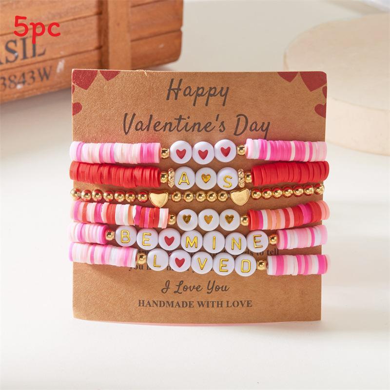 Love Heart Soft Clay Bracelets Set For Women With Pink Acrylic Letter Beads Hand Jewelry Gift