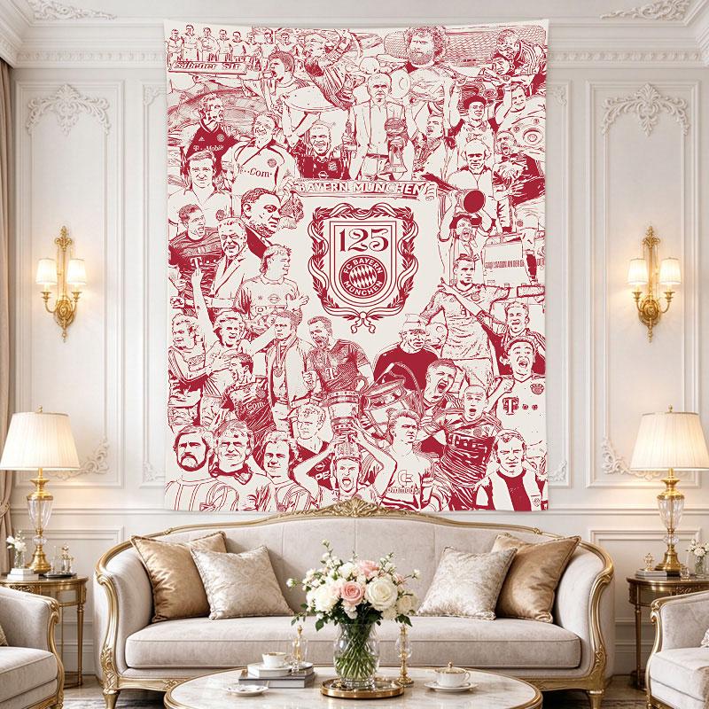 Bayern Munich players in red form a red line-art crowd around the club crest, 125-year anniversary print, rich painterly shading, Wall Hanging
