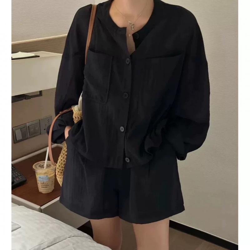 

Round Neck Loose Long-sleeved Sun Protection Shirt Shorts Suit Women s Loose Drawstring Two-piece Set 4XL