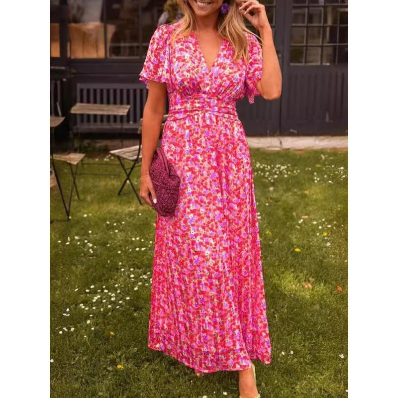 JPNTKY Women's Fashion Summer Spring  Short Sleeve V-Neck Casual Dresses