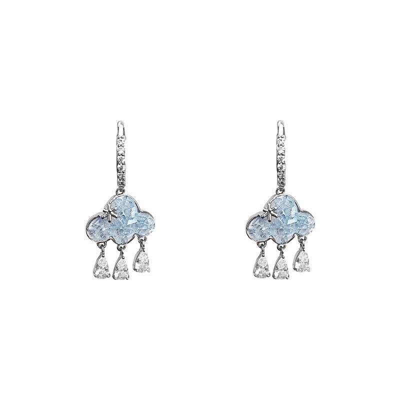 Unique Design Blue Rhinestone Ear Buckle Cloud Fringed Earrings