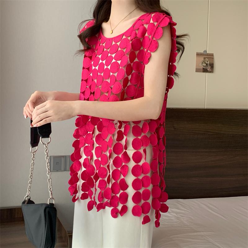 Dimanaf 2025 New T-Shirt Women Knitting Lace Vest Sleeveless Hollow Summer Style Basic Tops Tees Loose O-Neck