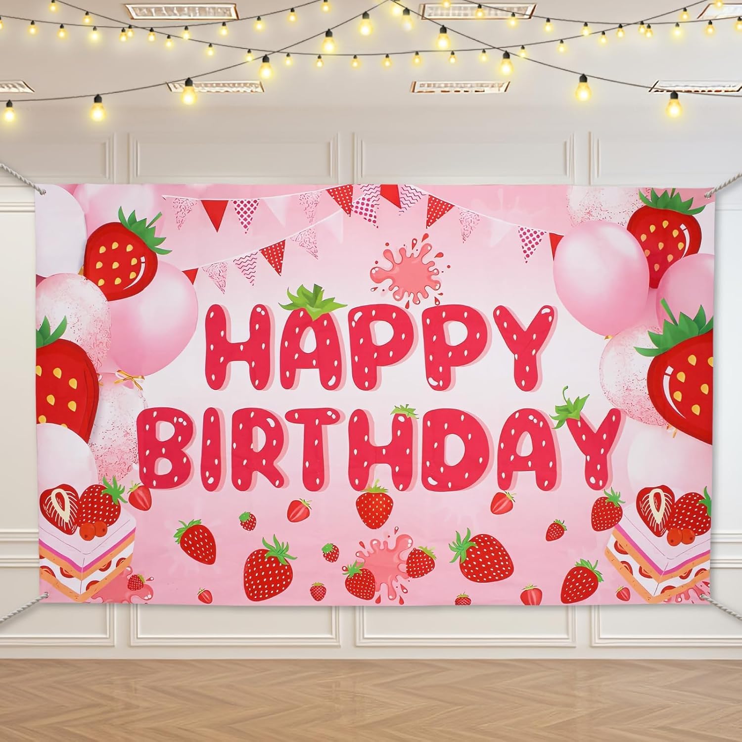 Strawberry Shortcake Happy Birthday Decorations Banner, Strawberry Themed Birthday Party Decoration Backdrop, Berry First Birthday Background Party