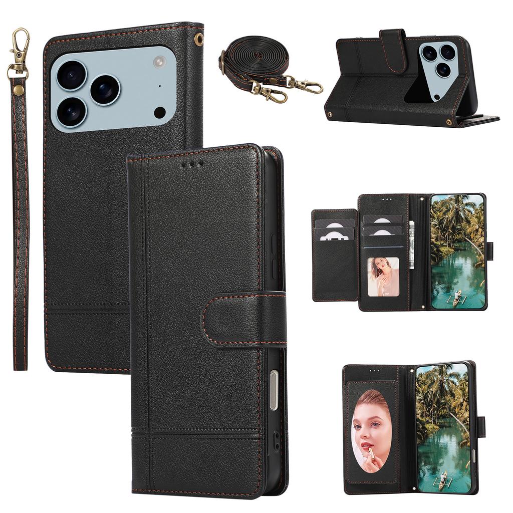 Crossbody Makeup Mirror Magnetic Card Solt Wallet Flip Leather Case For iPhone 17 Pro Max 16 Plus 15 14 13 12 11 Lanyard Cover