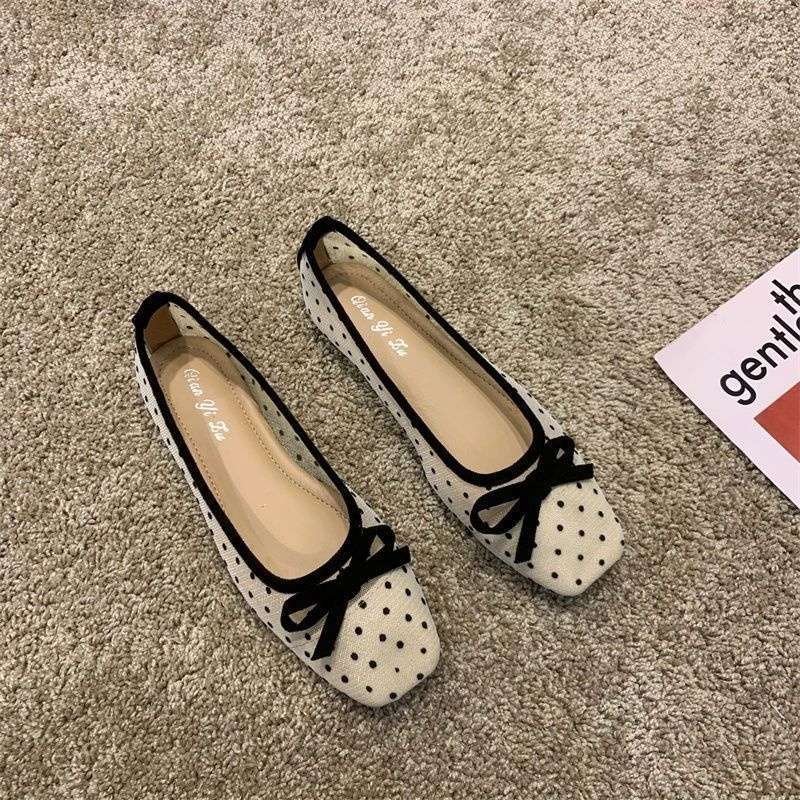 Flat Bottom Polka Dot Mesh Doudou Fairy Shoes Summer Pointed Head Bow Soft Sole Shallow Mouth Breathable Women's Single Shoes