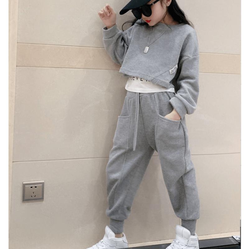Pantaloni Larghi a Maniche Lunghe da Ragazza per Primavera e Autunno Completo a Due Pezzi Pantaloni da Strada Fritti Vita Alta Stile Coreano da Donna