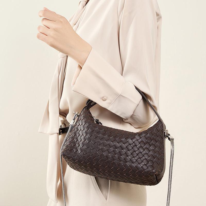 2024 Genuine Leather Woven Dumpling Bag - Sheepskin Chain Messenger Pillow Handbag for Women
