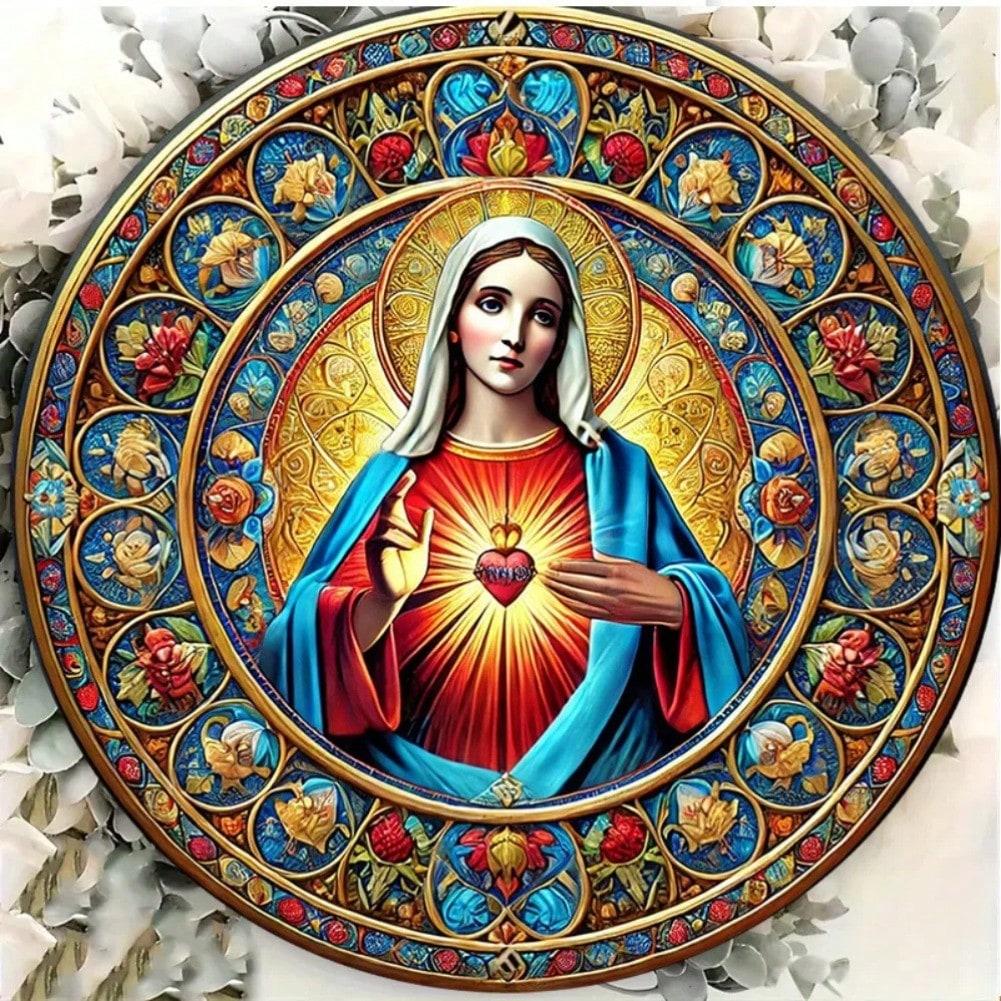 

Vintage Sacred Heart of Jesus Round Aluminum Metal Sign Religious Wall Art Christian Decor Virgin Mary Floral Stars 20x20 різнокольоровий
