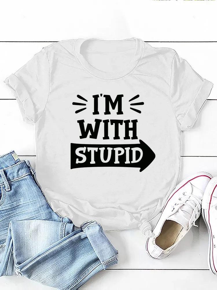 I'm with Stupid Letter Print Women T Shirt Short Sleeve O Neck Loose Women Tshirt Ladies Tee Shirt Tops Camisetas Mujer