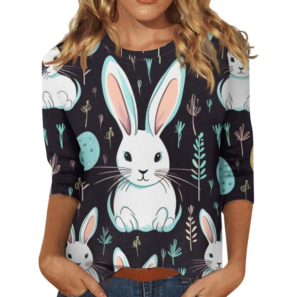 Damen Osterhasen T-Shirt Mode Langarm Rundhals Normales Oberteil Feiertagswochenende Print Floral Rot Frühling Herbst Outfit