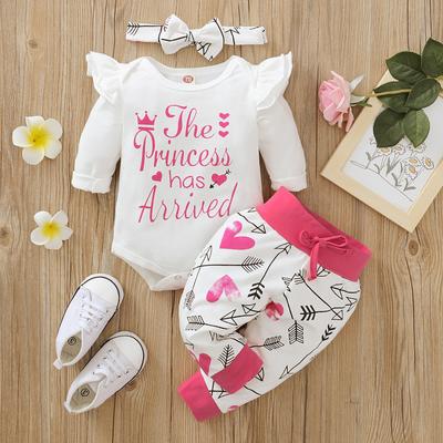 Newborn Infant  Letter Romper Tops Pants Headbands Princess Set Outfits