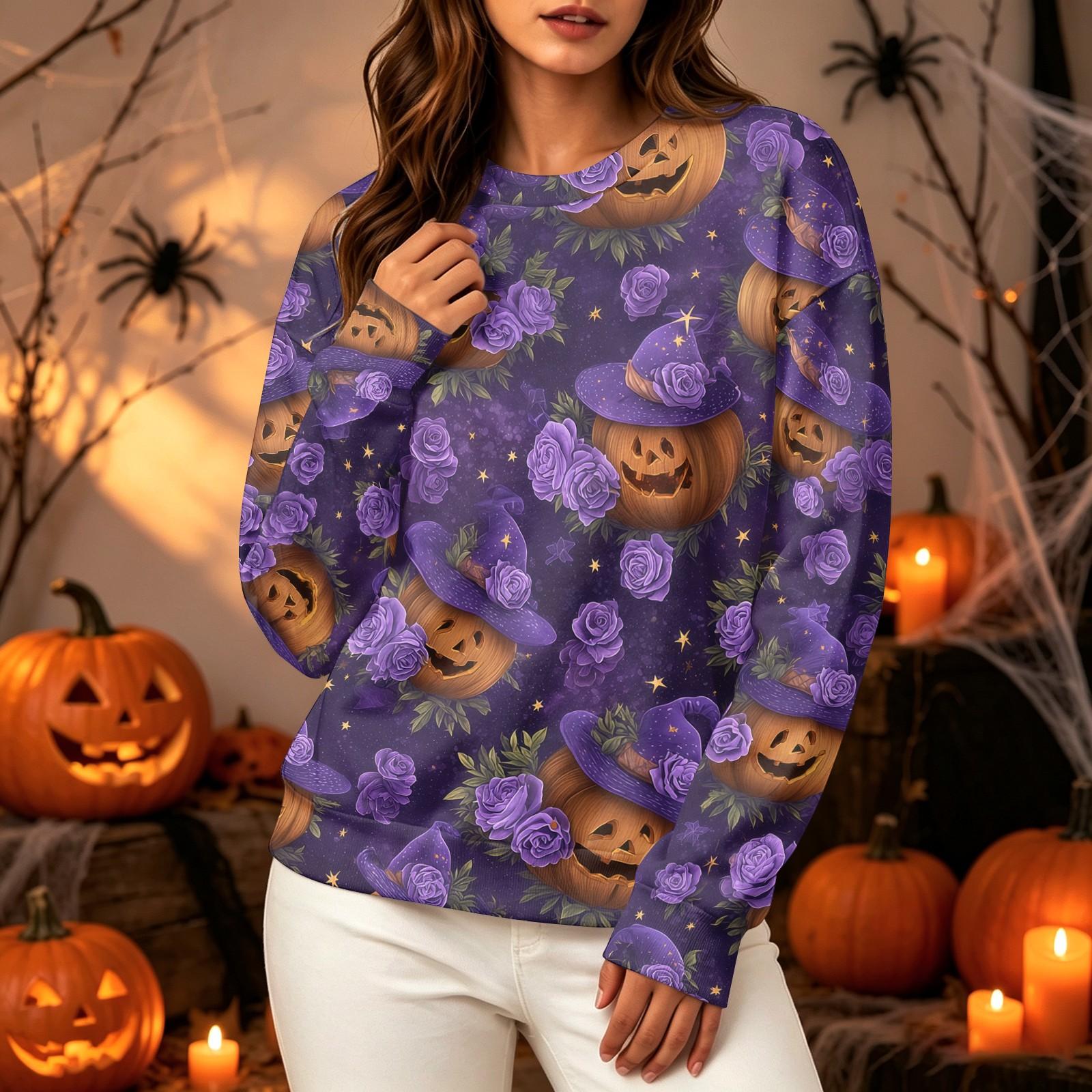 Women s Long Sleeve Halloween Printed Crewneck Sweatshirt Top Casual Pullover XXL
