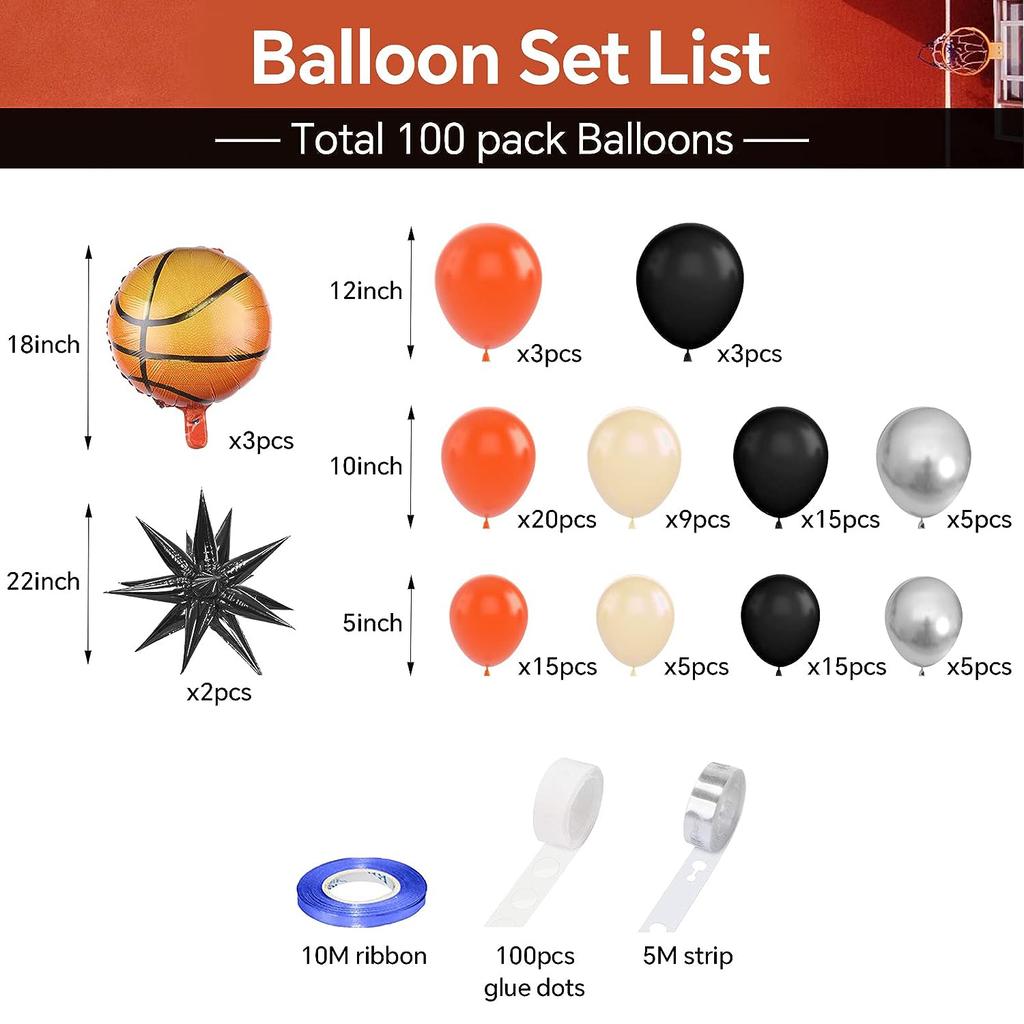 103 Pieces of Black and Orange Basketball Themed Balloon Decoration Set for Boys' Birthdays Sports Bars,and Watching Sports