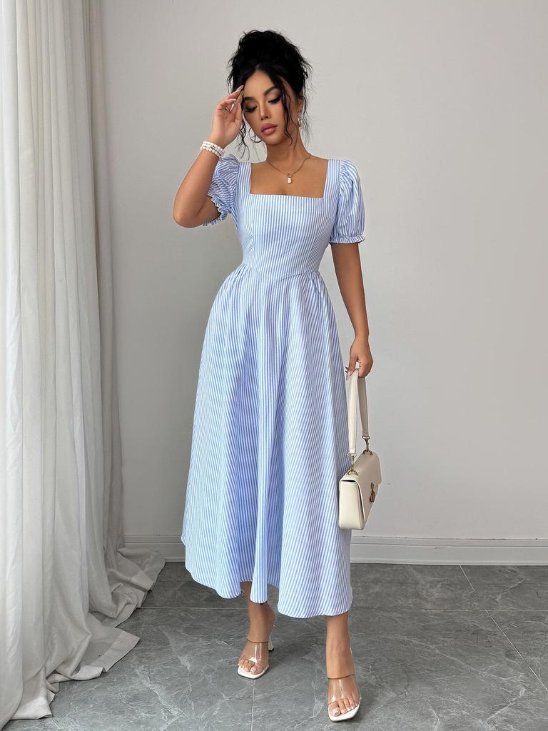 Elegant European-Style Puff Sleeve Striped Dress - Women's Spring/Summer 2026 Collection