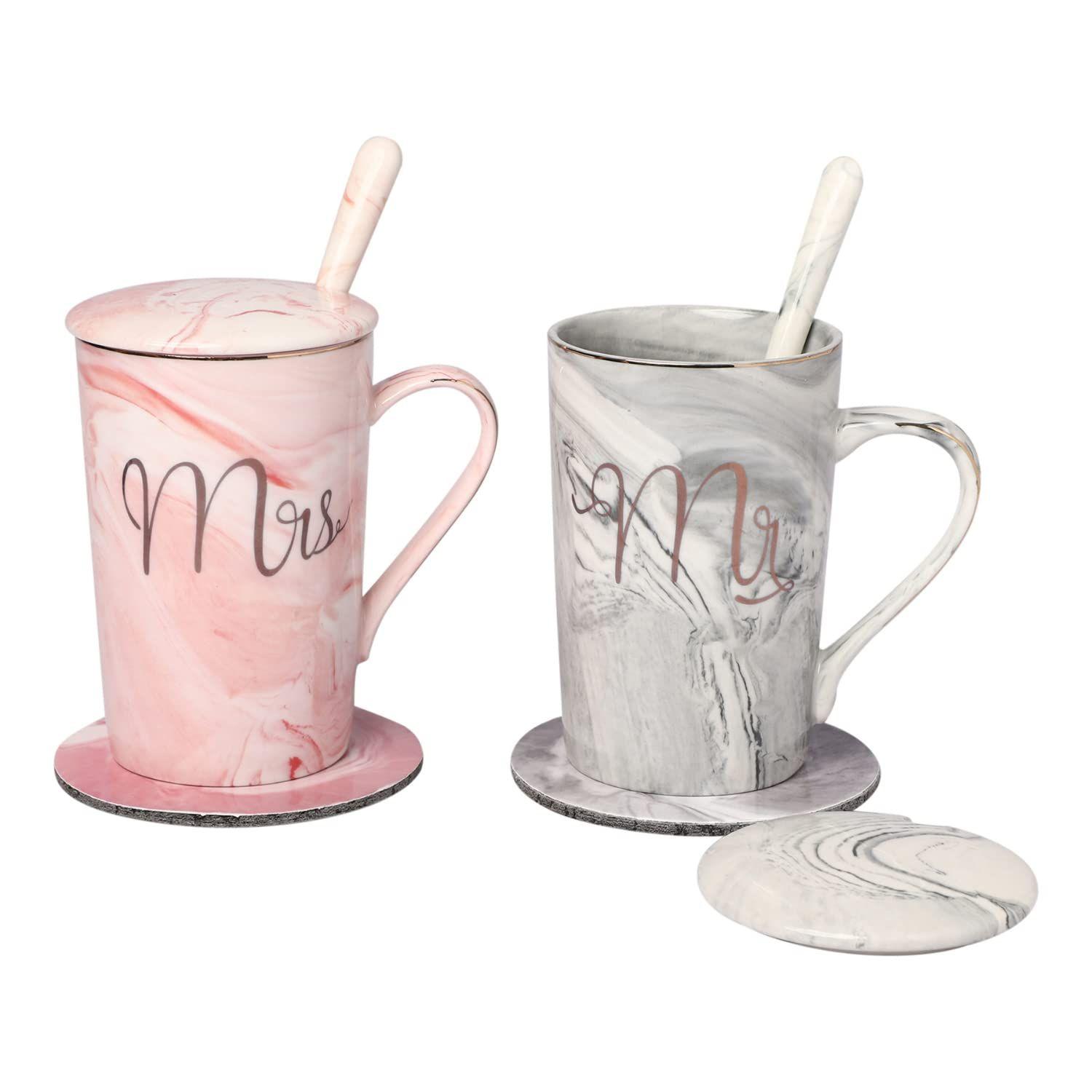 

Coffee Mug, Marriage Gifts for Wedding, Couple Gift, Christmas Gifts, Mr & Mrs Set of 2 Coffee Mugs, Lids, Ceramic Spoons, Coasters