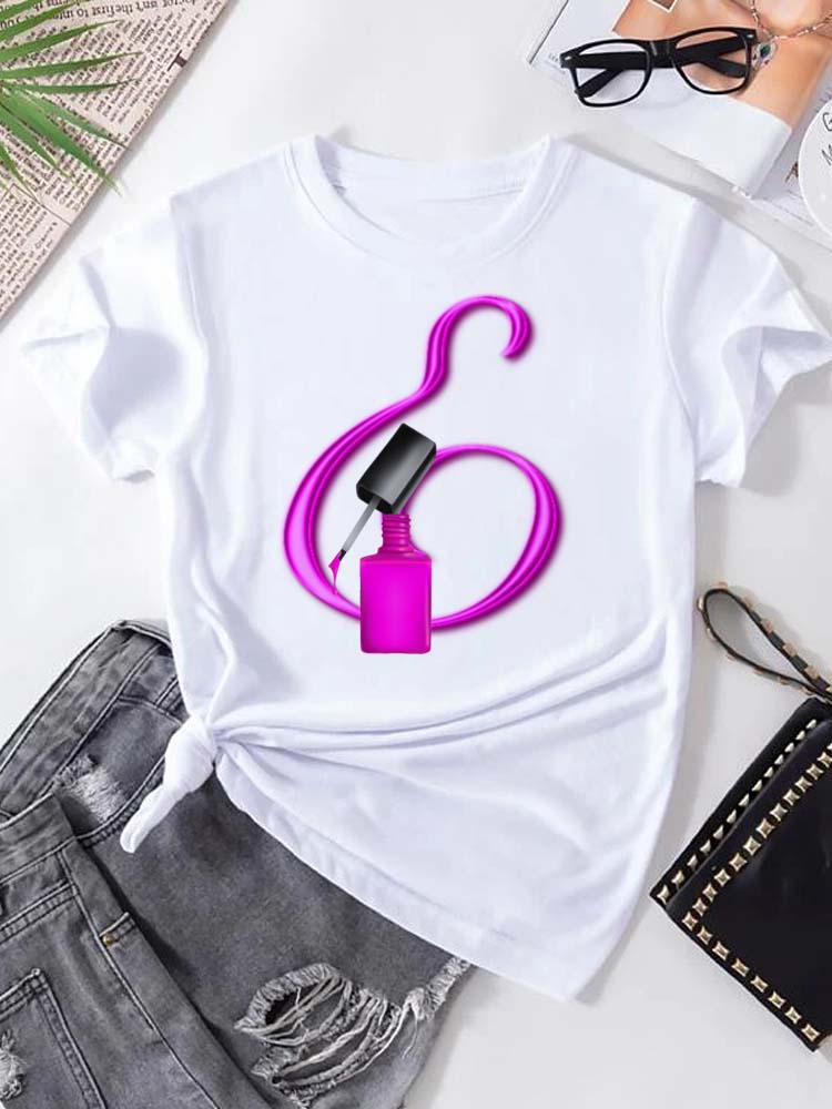 Maycaur Custom Name Letter Combination Fashion Women T-shirt Nail Polish Letter Font A B C D E F G Short Sleeve Tops Female Tees