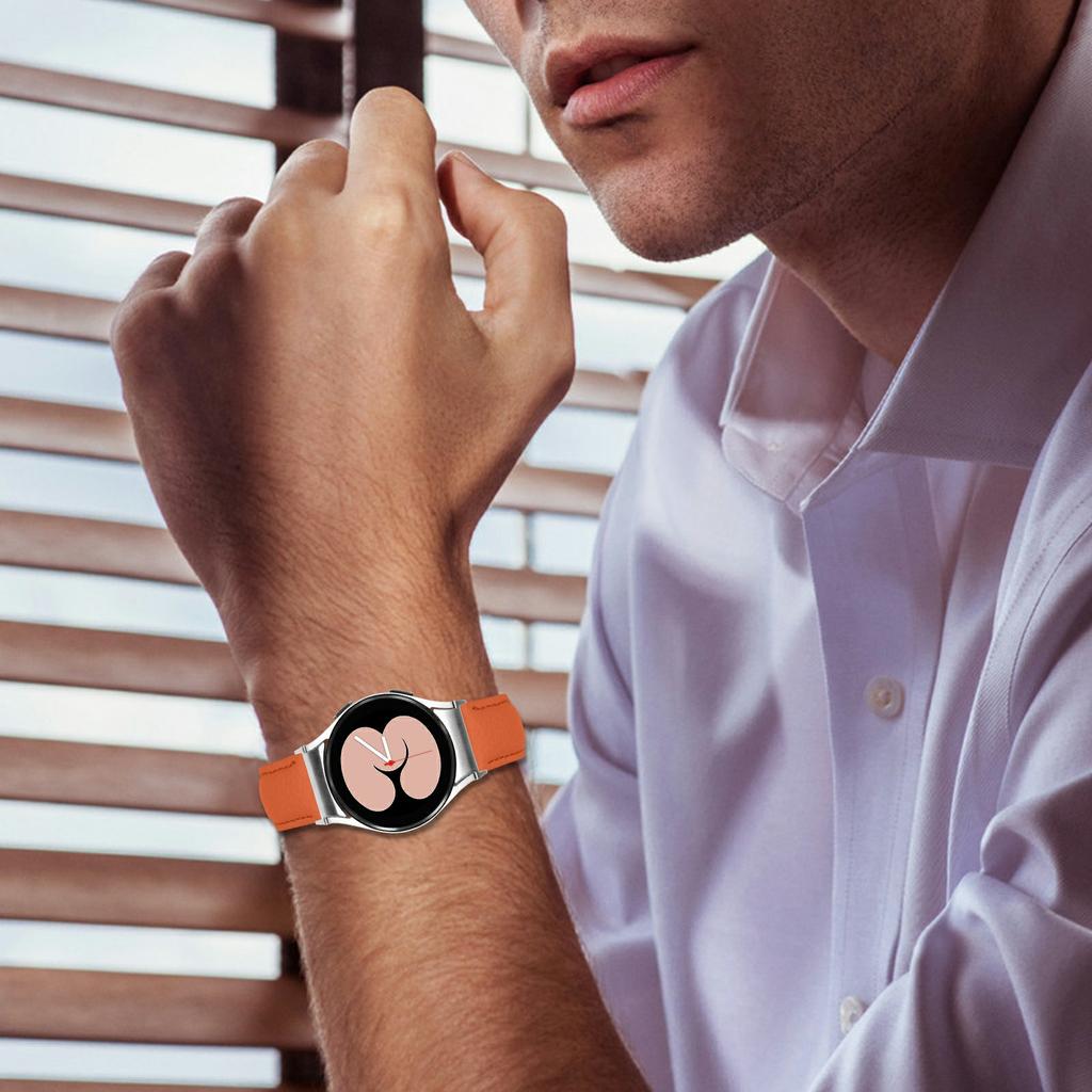 Genuine Cow Leather Strap with Connector for Samsung Galaxy Watch FE 40mm/Watch7/Watch6/Watch 5/Watch4 Litchi Texture Silver Buckle Watch Band