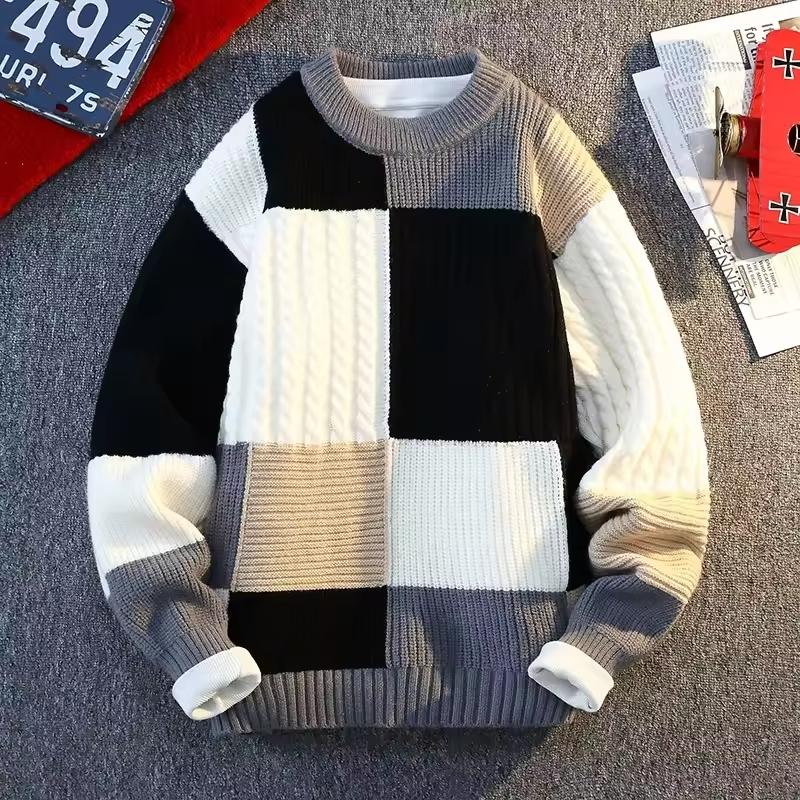 

Autumn Winter Men s Round Neck Knit Sweater Fashion Plaid Knitted Pullovers Men Casual Loose Warm Patchwork Sweaters M чёрный