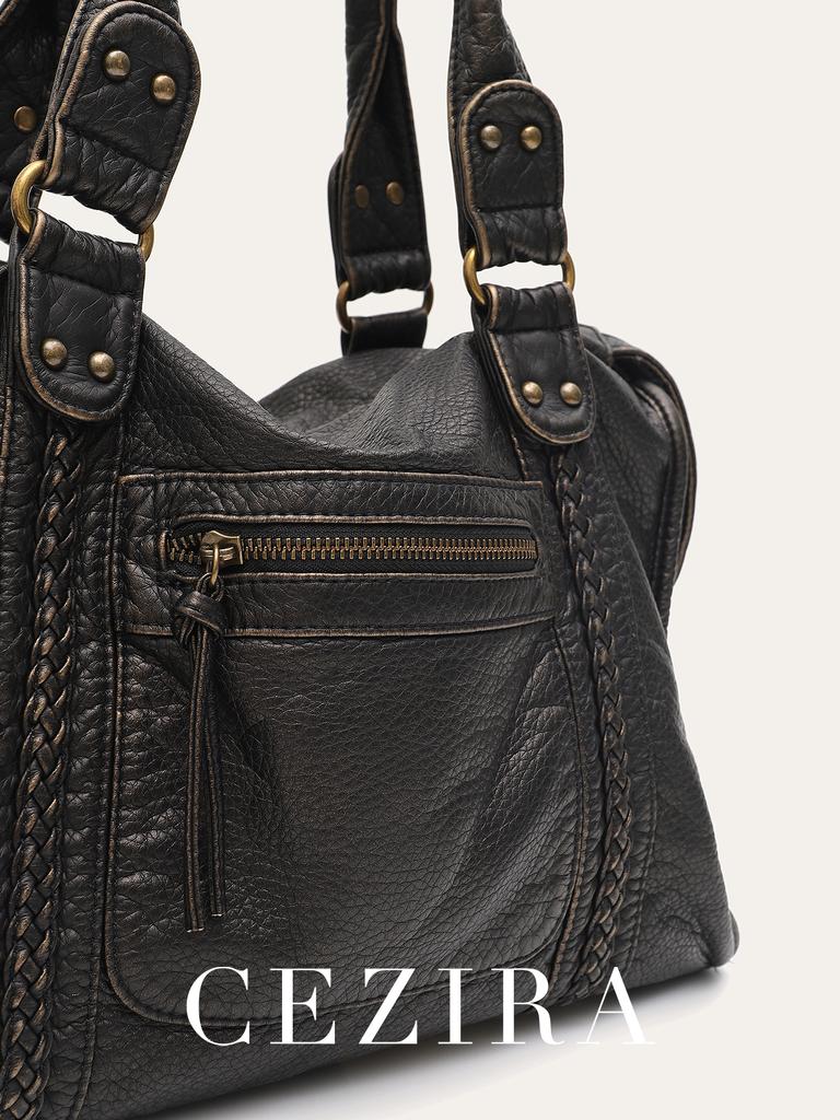 Vintage Washed PU Leather Large Capacity Tote Zip Pockets Braid Decor Shoulder Cross body Bag Unisex Women Daily Travel Handbag