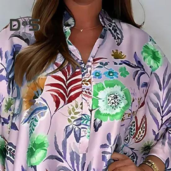 Women's Plus Size Boho Dress Floral Print Short Sleeved Button Up V Neck Dress Knee Length Summer Casual Shirt Dress