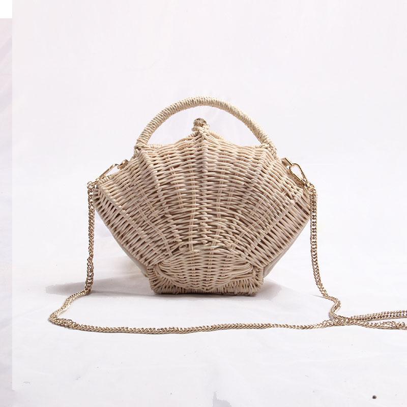 Shell Shaped Chain Small Messenger Bag Rattan Woven Ins Beach Vacation Mobile Phone Fashionable Crossbody Bag Beach Straw Bag