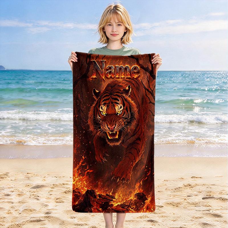 Custom Name Tiger Roar Stylish Digital Printing Beach Towel Quick‑Drying Absorbent Blanket for Beach Pool Gym Travel