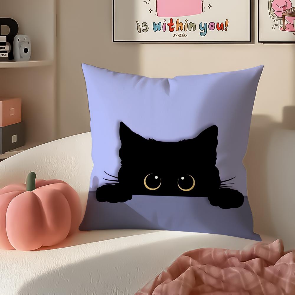 Cute Tiny Adorable Art Cartoon Little Black Cat Cushion Cover Pillowcase Short Plush Invisible Zipper Room Sofa Cushion Cover