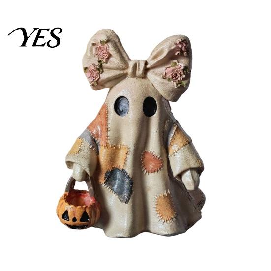 Warm Glow Decoration Light Halloween Lighted Patchwork Ghost Figurine, Light-Up Bow with Pumpkin Vintage Figurine Lantern, Ghosts Lamp for Holiday