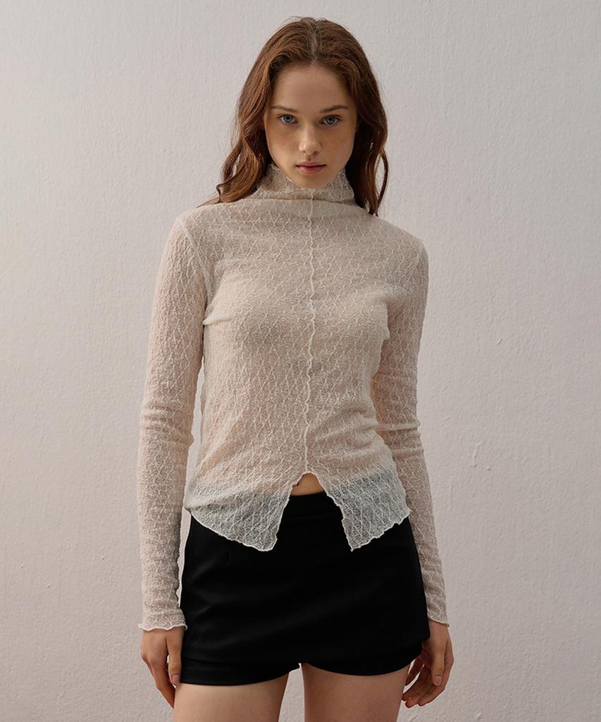 CAMINO Slit Lace Layered Turtleneck T-Shirt Ivory