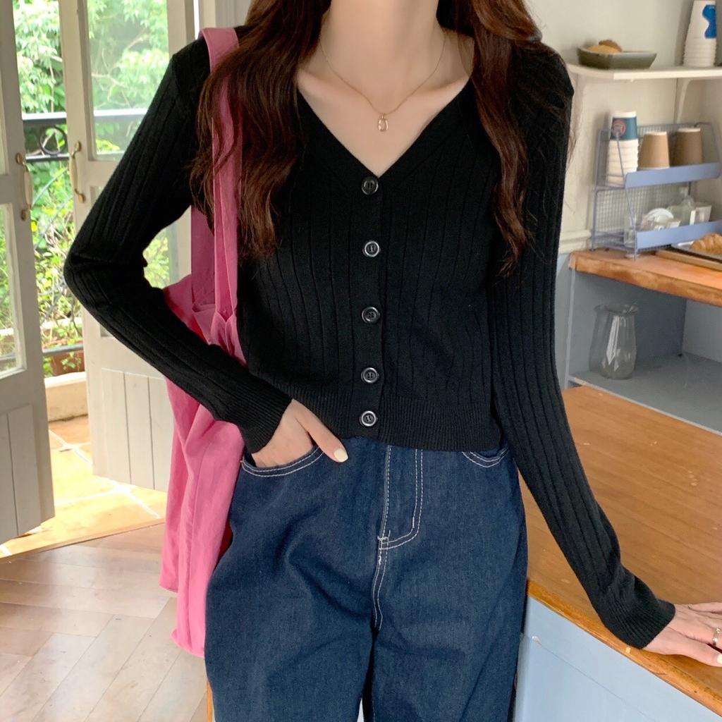 Autumn Winter V Neck Cropped Long Sleeve Knit Cardigan Women Solid Outerwear Coat