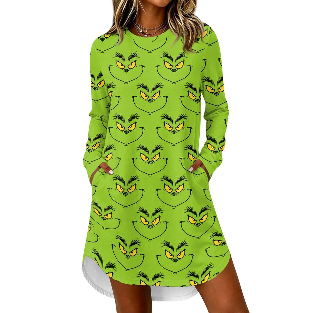 Women's Casual Long Sleeve Neck Dress with Christmas Print for Holiday Party