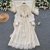 French retro court style bead single-breasted strap waist embroidered mesh dress women's elegant big swing dress