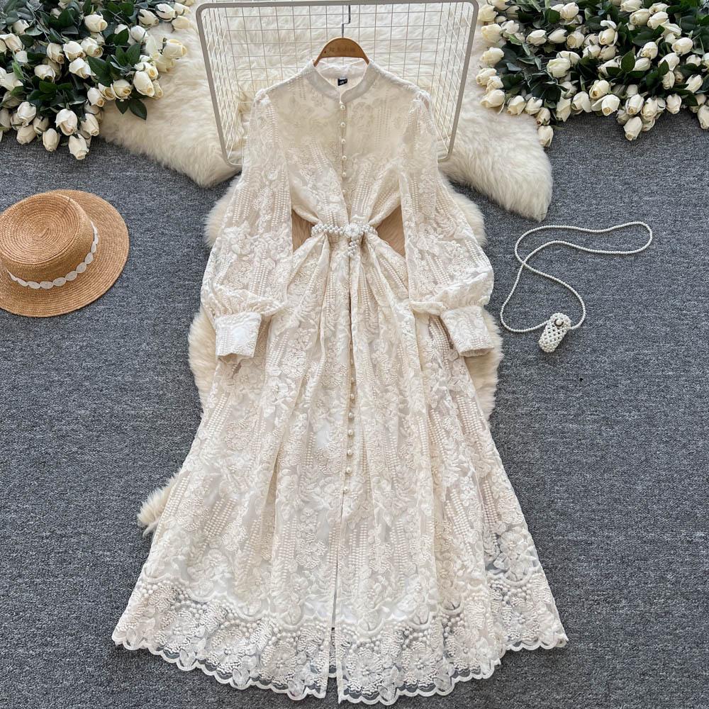 French retro court style bead single-breasted strap waist embroidered mesh dress women's elegant big swing dress