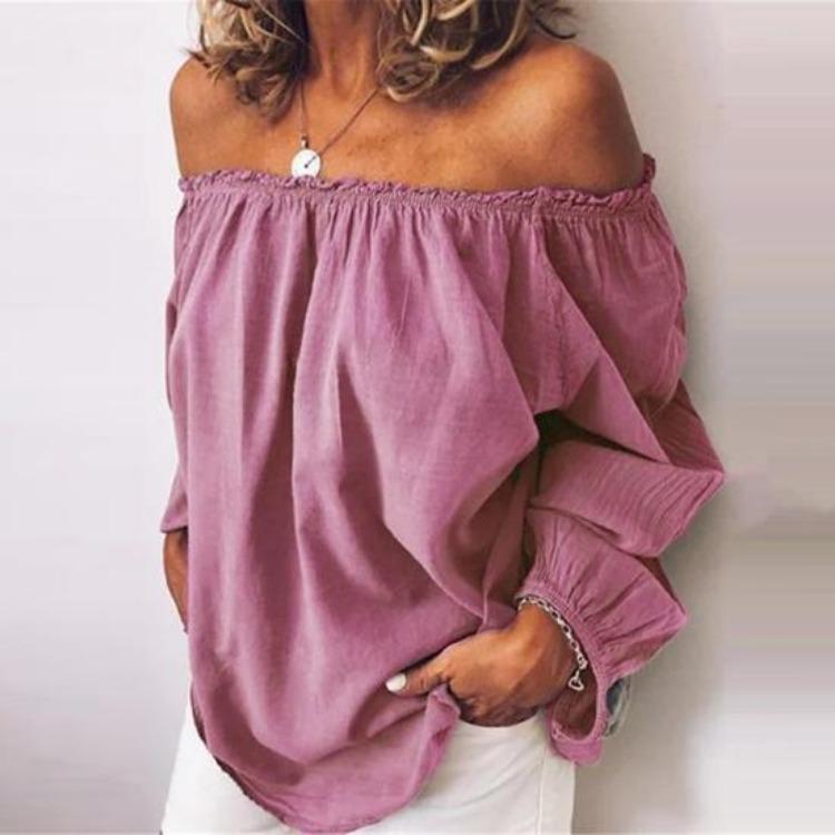 Party Top Autumn Winter Solid Color Women Blouse Pleated Off Shoulder Long Sleeve