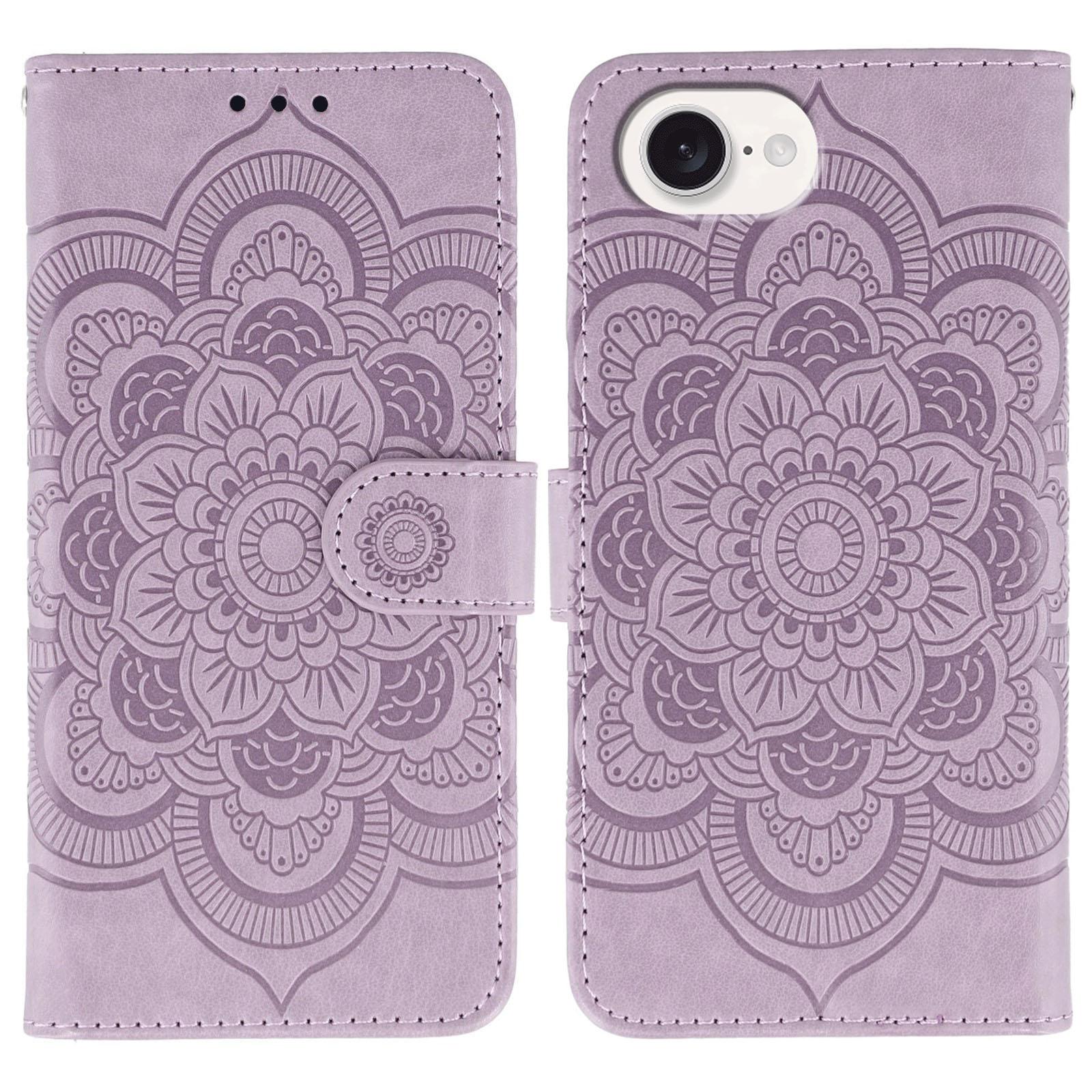 

For iPhone 16e Case PU Leather Mandala Imprinted Design Wallet Phone Cover Purple