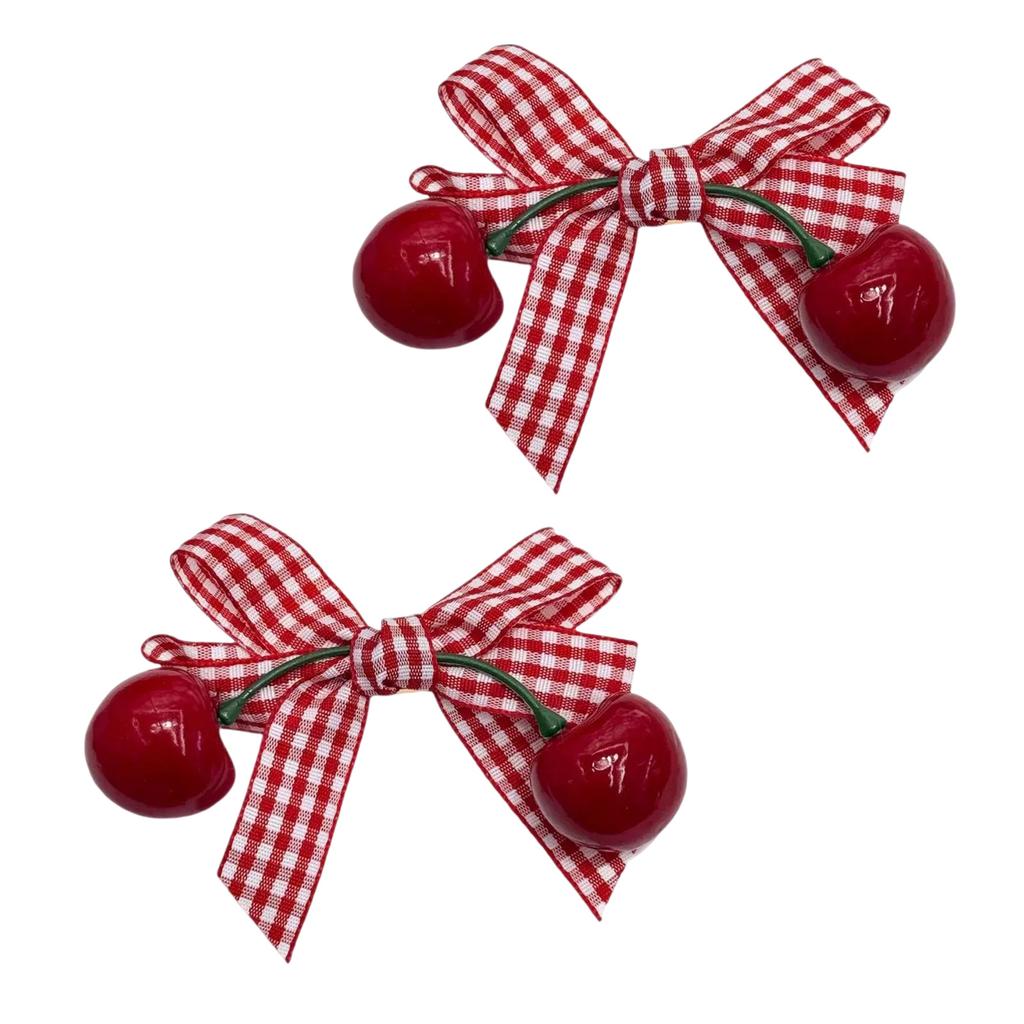3PCS Checkered Hair Clip Decorative Cherry Pendant Hair Bows Comfortable Wear Teens Fashion Hair Styling Accessories