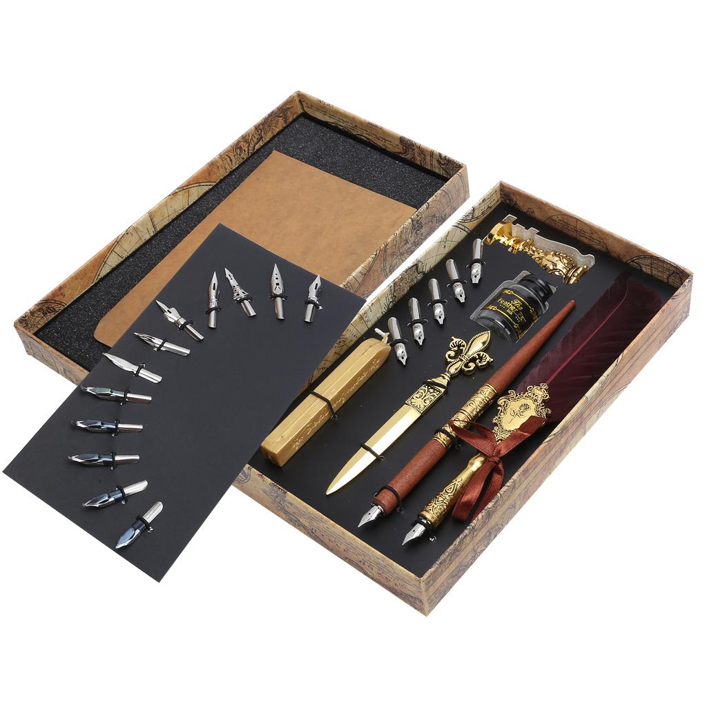 Feather Pen Set Calligraphy Writing Drawing Quill Dip Kit Vintage Art Craft CollectionSP248006R Wine Red