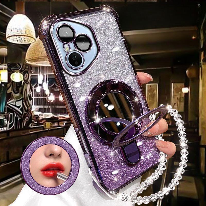 For Huawei Honor 400 Lite 300 Ultra 200 100 90 Pro Case Glitter Plating Makeup Mirror Magnetic Phone Holder Bracelet Cover