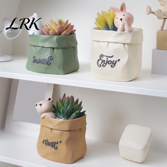 Stationery Storage Wrinkled Paper Bag Pen Holder with Animal Decor, Resin Desk Multifunctional Cup Organizer & Succulents Planter, Cute Gift