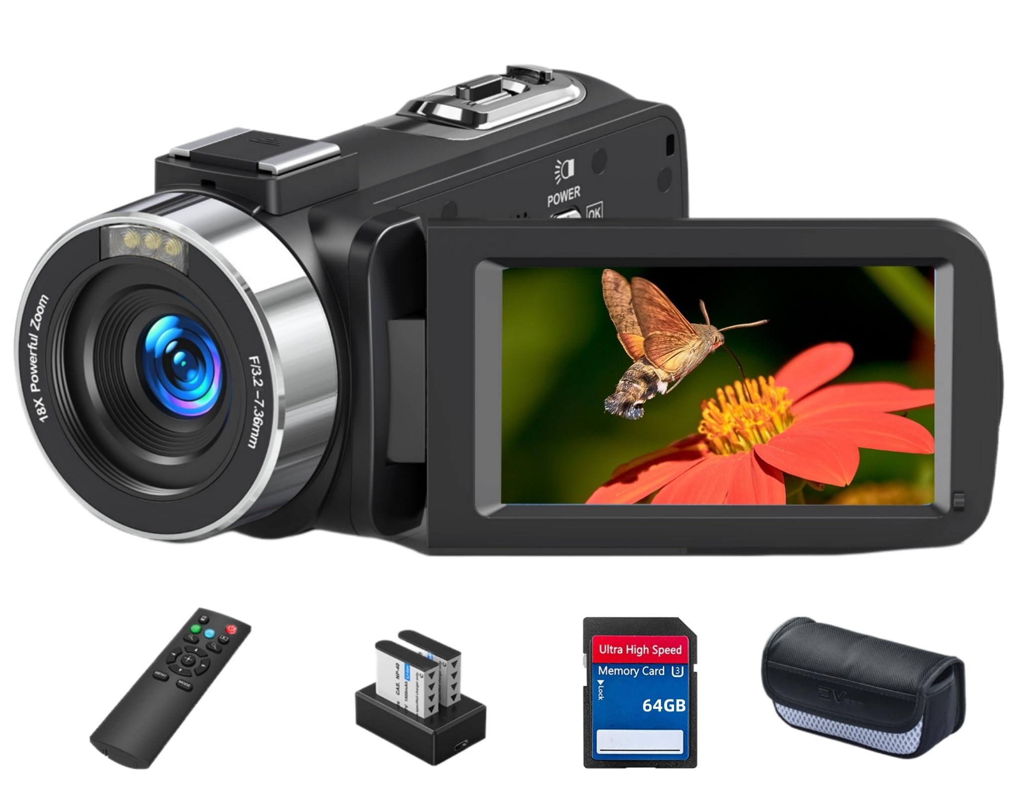 

8K Video Camera with HDMI 18x Digital YouTube Touch IR Night Vlogging Remote 64GB SD Japanese System Instruction Manual Output, Wi-Fi, 64MP, Zoom,