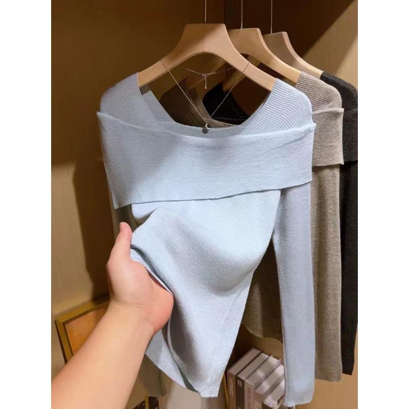 Designfølelse ett-ord skulderrevers langermet strikket genser dame innerdel slim-fit søt og spicy bunngenser yttertopp