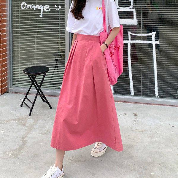 Women's Long Skirts Elastic High Waist Casual Skirt Girl's Spring Summer Solid Color A-line Skirts All-match Hot Pleated Skirt
