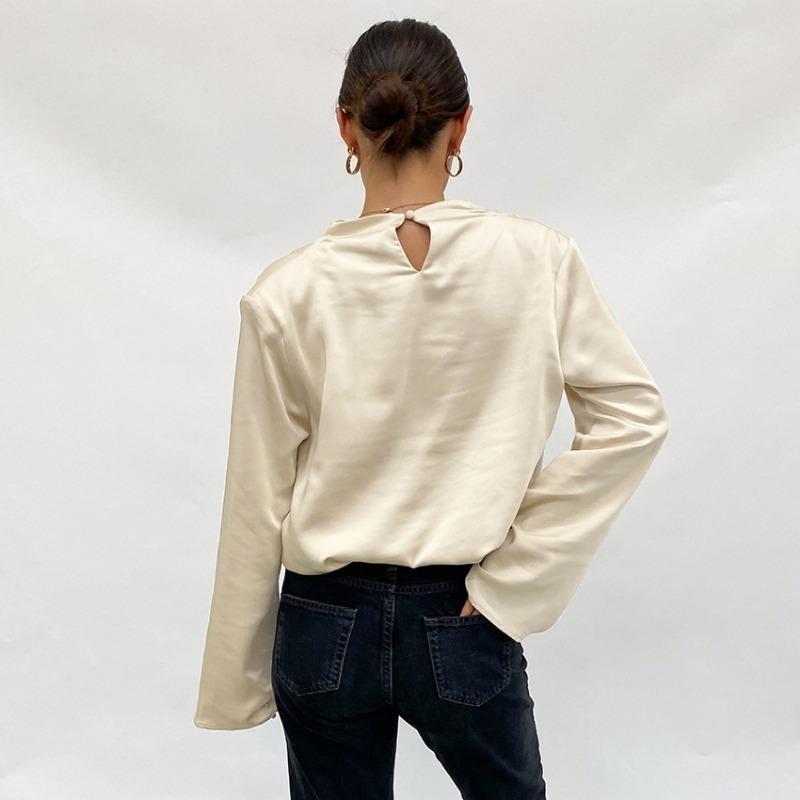 Vintage Women Elegant Cowl Neck Soft Loose Blouse Fashion Top Casual Female Fold Design Tops Girls Blouses Thin Shirts for Women Bottom