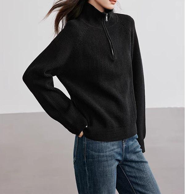 2026 Autumn/Winter Women's Casual Loose Half-Zip Textured Knit Top