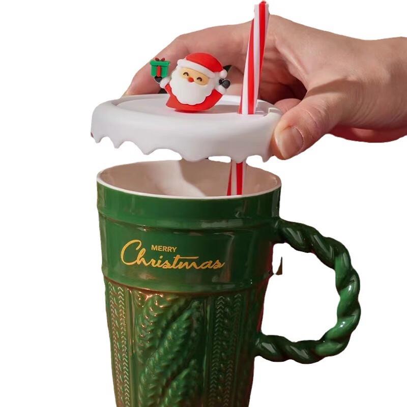 Baizien Creative Christmas Ceramic Mug with Lid and Straw