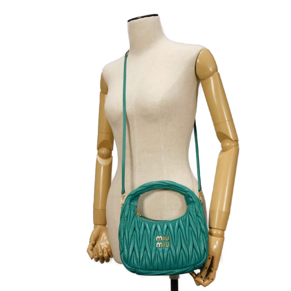 Used Wonder Matelasse Hobo Bag (12166), 5BC125 N88 F0K41 7922, with RFID, Green, 2-Way Logo, Laguna, Women's from Japan